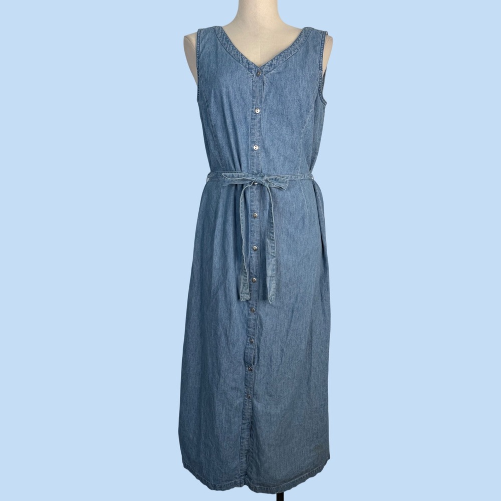Casual Corner Denim Midi Dress Size 12 Blue Button Front V Neck Sleeveless Tie